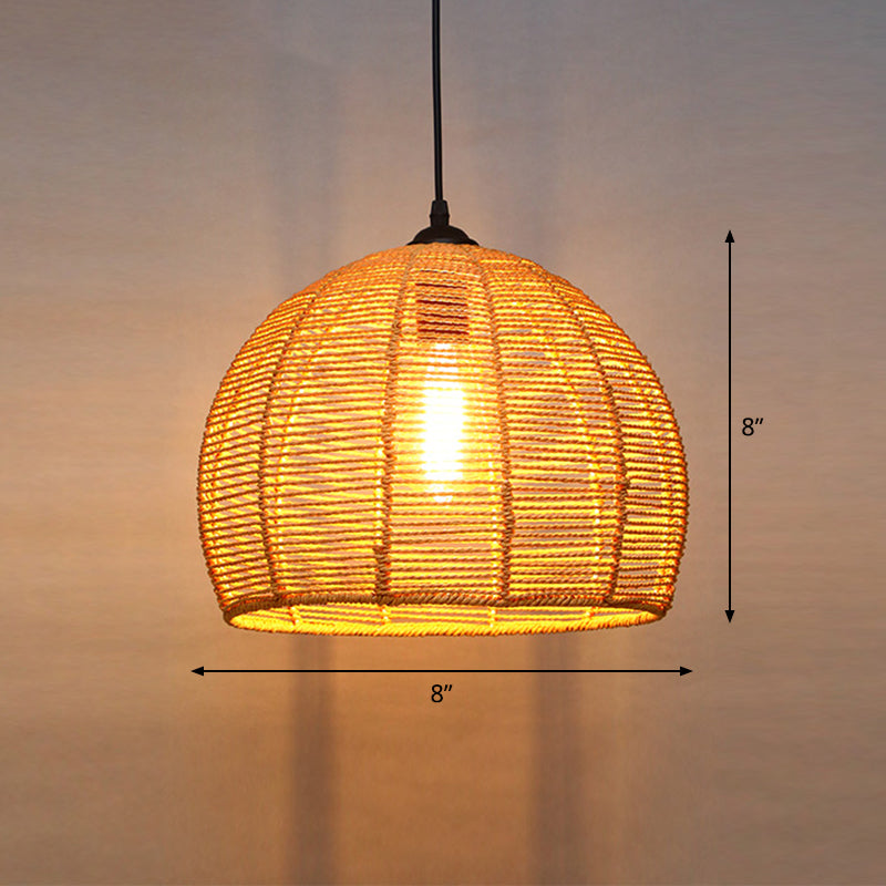 Single Cage Shade Pendulum Light Country Style Wood Rope Suspension Light for Restaurant Clearhalo 'Ceiling Lights' 'Industrial Pendants' 'Industrial' 'Middle Century Pendants' 'Pendant Lights' 'Pendants' 'Tiffany' Lighting' 2460350