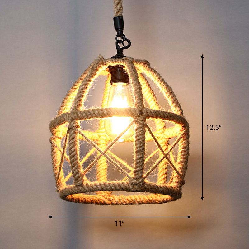 Single Cage Shade Pendulum Light Country Style Wood Rope Suspension Light for Restaurant Clearhalo 'Ceiling Lights' 'Industrial Pendants' 'Industrial' 'Middle Century Pendants' 'Pendant Lights' 'Pendants' 'Tiffany' Lighting' 2460353