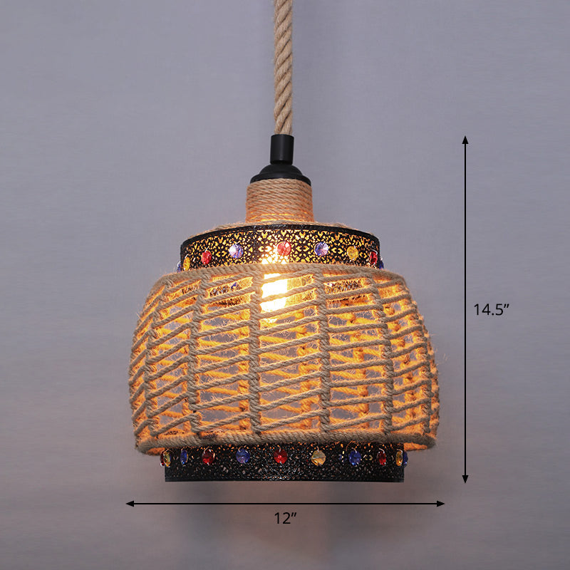 Single Cage Shade Pendulum Light Country Style Wood Rope Suspension Light for Restaurant Clearhalo 'Ceiling Lights' 'Industrial Pendants' 'Industrial' 'Middle Century Pendants' 'Pendant Lights' 'Pendants' 'Tiffany' Lighting' 2460354