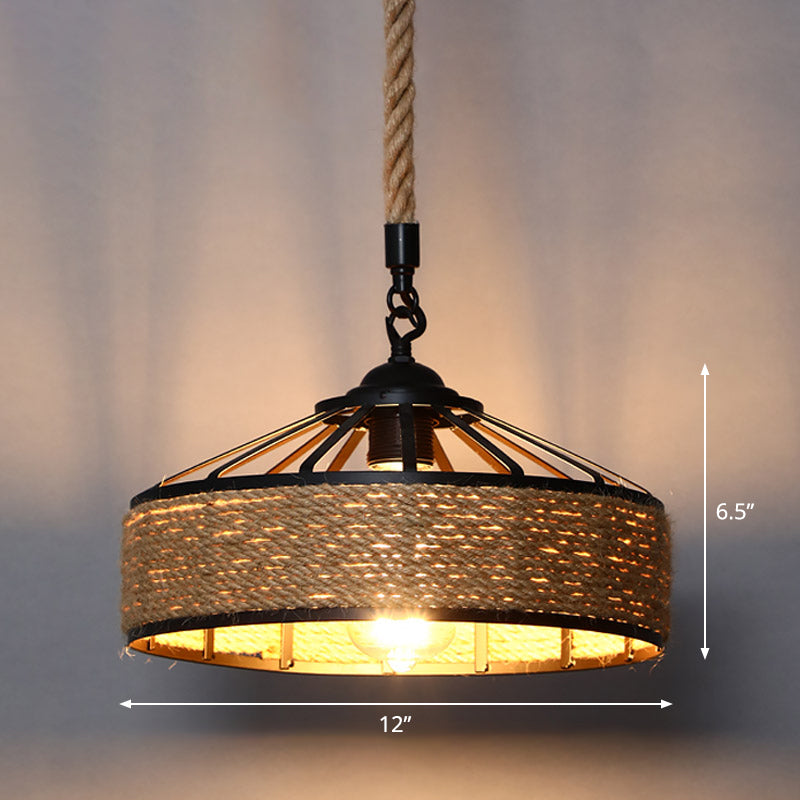 Single Cage Shade Pendulum Light Country Style Wood Rope Suspension Light for Restaurant Clearhalo 'Ceiling Lights' 'Industrial Pendants' 'Industrial' 'Middle Century Pendants' 'Pendant Lights' 'Pendants' 'Tiffany' Lighting' 2460355