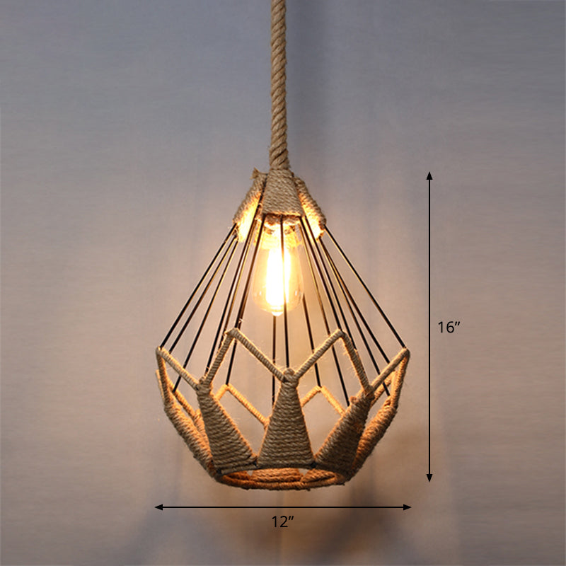 Single Cage Shade Pendulum Light Country Style Wood Rope Suspension Light for Restaurant Clearhalo 'Ceiling Lights' 'Industrial Pendants' 'Industrial' 'Middle Century Pendants' 'Pendant Lights' 'Pendants' 'Tiffany' Lighting' 2460356