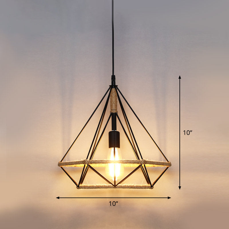 Single Cage Shade Pendulum Light Country Style Wood Rope Suspension Light for Restaurant Clearhalo 'Ceiling Lights' 'Industrial Pendants' 'Industrial' 'Middle Century Pendants' 'Pendant Lights' 'Pendants' 'Tiffany' Lighting' 2460357