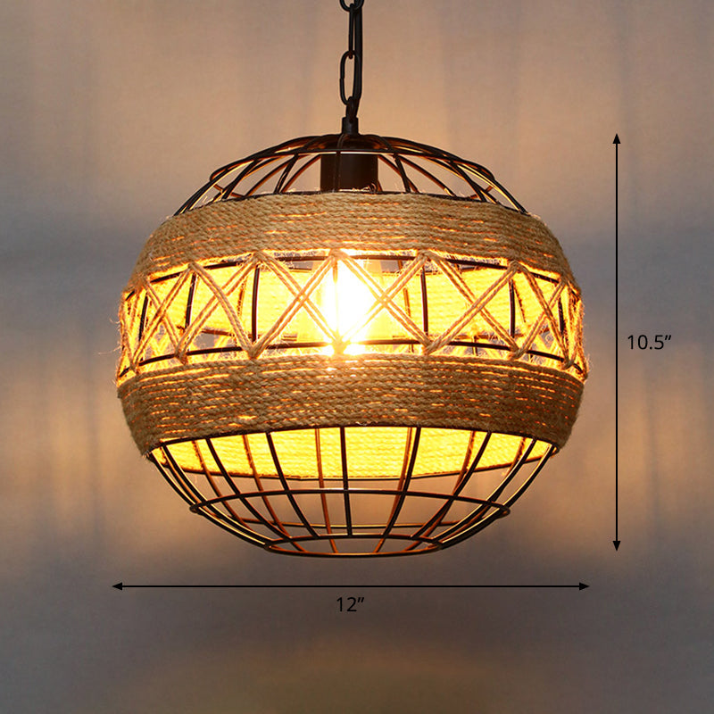 Single Cage Shade Pendulum Light Country Style Wood Rope Suspension Light for Restaurant Clearhalo 'Ceiling Lights' 'Industrial Pendants' 'Industrial' 'Middle Century Pendants' 'Pendant Lights' 'Pendants' 'Tiffany' Lighting' 2460358