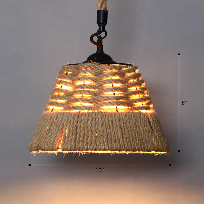 Single Cage Shade Pendulum Light Country Style Wood Rope Suspension Light for Restaurant Clearhalo 'Ceiling Lights' 'Industrial Pendants' 'Industrial' 'Middle Century Pendants' 'Pendant Lights' 'Pendants' 'Tiffany' Lighting' 2460359