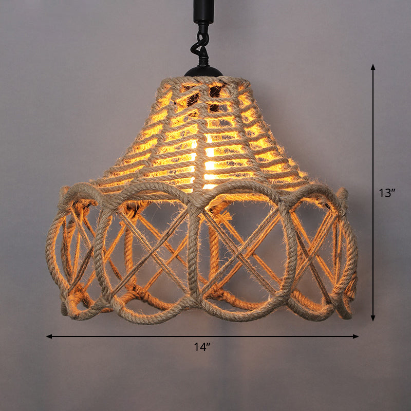 Single Cage Shade Pendulum Light Country Style Wood Rope Suspension Light for Restaurant Clearhalo 'Ceiling Lights' 'Industrial Pendants' 'Industrial' 'Middle Century Pendants' 'Pendant Lights' 'Pendants' 'Tiffany' Lighting' 2460360