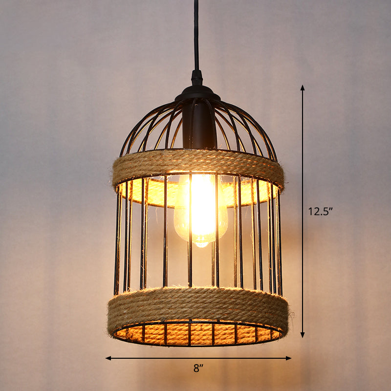 Single Cage Shade Pendulum Light Country Style Wood Rope Suspension Light for Restaurant Clearhalo 'Ceiling Lights' 'Industrial Pendants' 'Industrial' 'Middle Century Pendants' 'Pendant Lights' 'Pendants' 'Tiffany' Lighting' 2460362