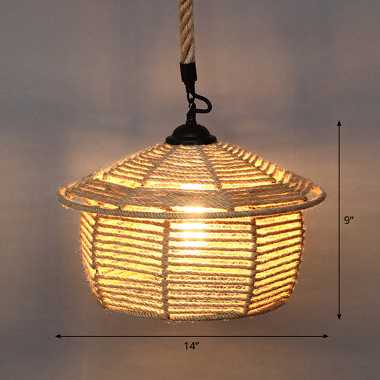 Single Cage Shade Pendulum Light Country Style Wood Rope Suspension Light for Restaurant Clearhalo 'Ceiling Lights' 'Industrial Pendants' 'Industrial' 'Middle Century Pendants' 'Pendant Lights' 'Pendants' 'Tiffany' Lighting' 2460363