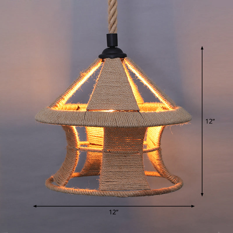 Single Cage Shade Pendulum Light Country Style Wood Rope Suspension Light for Restaurant Clearhalo 'Ceiling Lights' 'Industrial Pendants' 'Industrial' 'Middle Century Pendants' 'Pendant Lights' 'Pendants' 'Tiffany' Lighting' 2460364