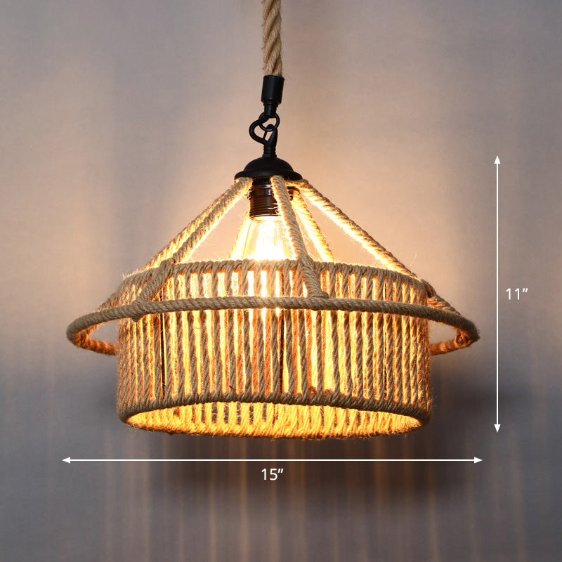 Single Cage Shade Pendulum Light Country Style Wood Rope Suspension Light for Restaurant Clearhalo 'Ceiling Lights' 'Industrial Pendants' 'Industrial' 'Middle Century Pendants' 'Pendant Lights' 'Pendants' 'Tiffany' Lighting' 2460365