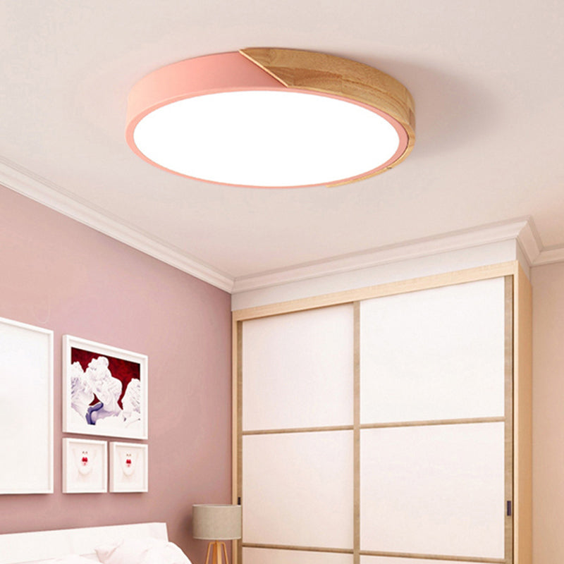 Macaron Ceiling Lighting Round LED Flush Mounted Lamp with Acrylic Shade and Wood Decoration Pink Clearhalo 'Ceiling Lights' 'Close To Ceiling Lights' 'Close to ceiling' 'Flush mount' Lighting' 2460422