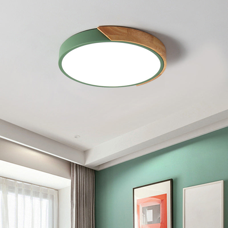 Macaron Ceiling Lighting Round LED Flush Mounted Lamp with Acrylic Shade and Wood Decoration Green Clearhalo 'Ceiling Lights' 'Close To Ceiling Lights' 'Close to ceiling' 'Flush mount' Lighting' 2460423