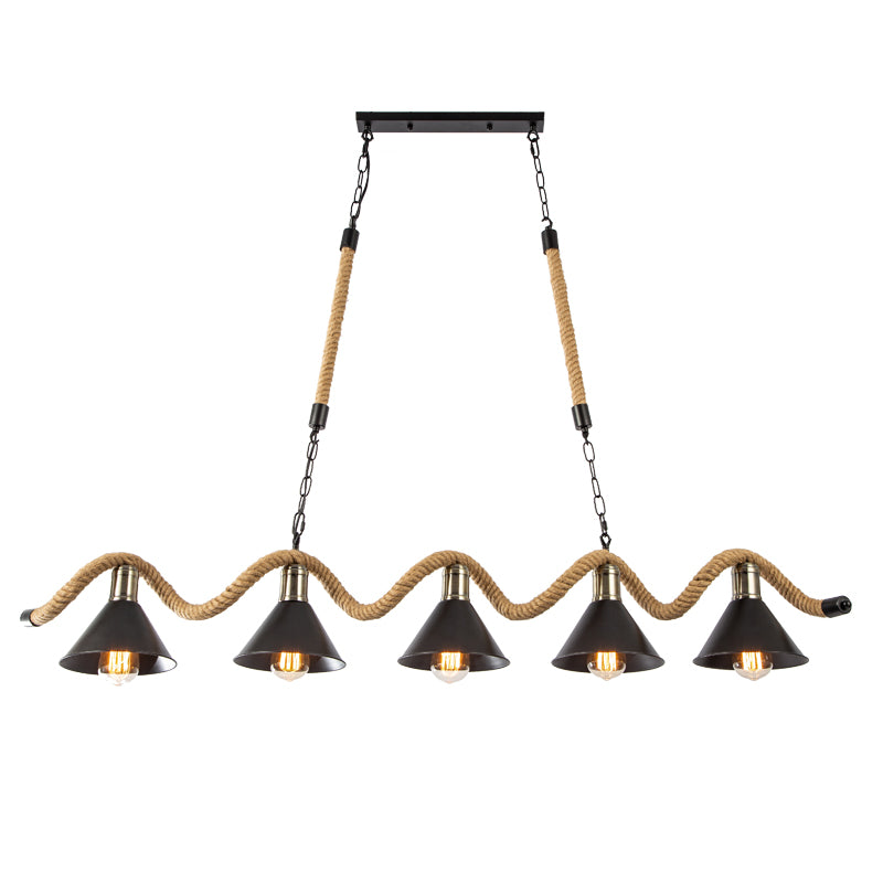 Black Conical Hanging Light Industrial Metal Bistro Island Lighting with Hemp Rope Clearhalo 'Ceiling Lights' 'Island Lights' Lighting' 2460525