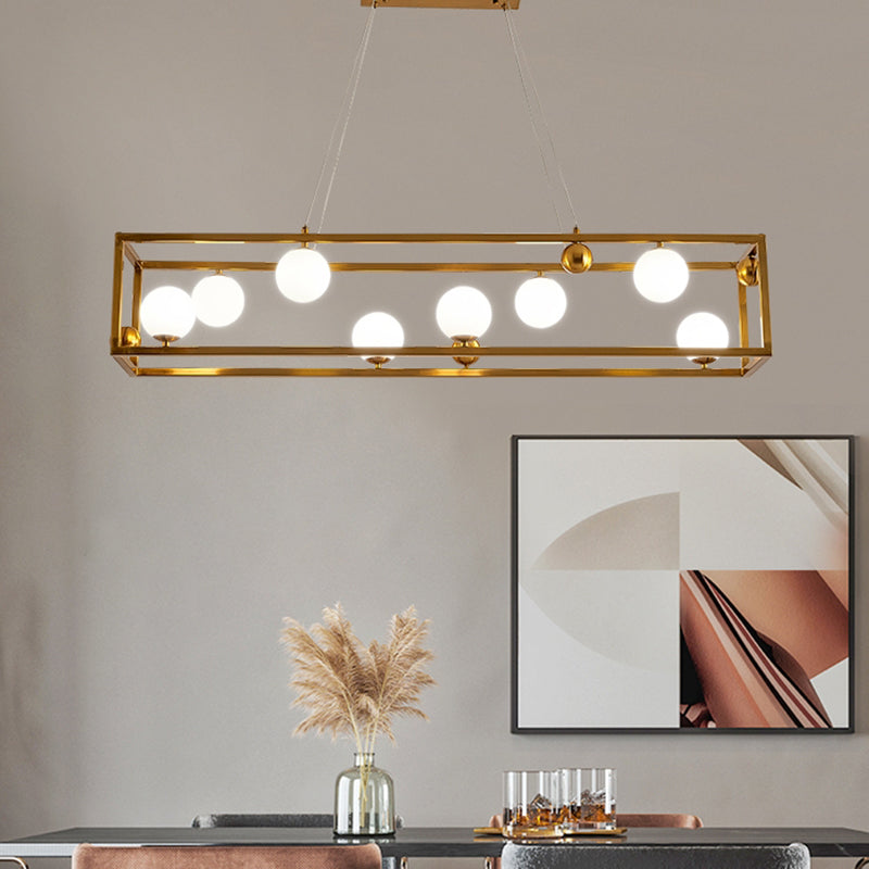 Rectangular Metal Ceiling Pendant Industrial Dining Room Hanging Light with Ball Milk Glass Shade Clearhalo 'Ceiling Lights' 'Island Lights' Lighting' 2460526