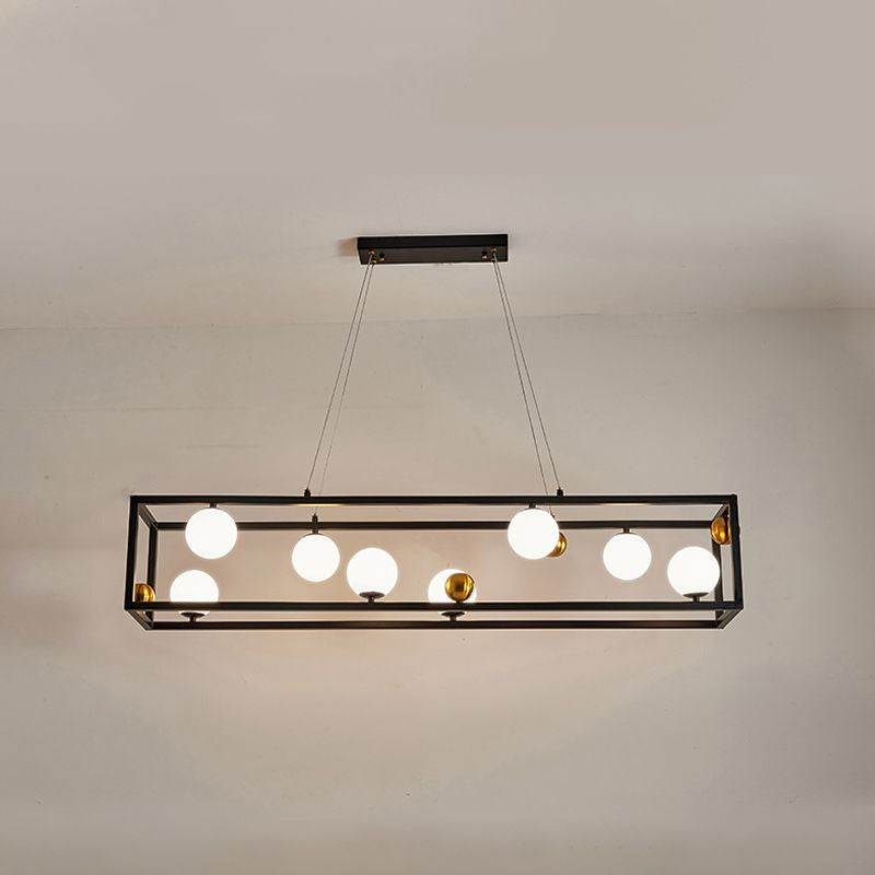 Rectangular Metal Ceiling Pendant Industrial Dining Room Hanging Light with Ball Milk Glass Shade 8 Black Clearhalo 'Ceiling Lights' 'Island Lights' Lighting' 2460528