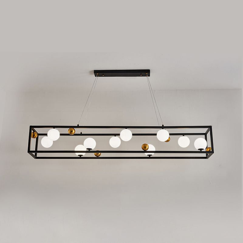 Rectangular Metal Ceiling Pendant Industrial Dining Room Hanging Light with Ball Milk Glass Shade 10 Black Clearhalo 'Ceiling Lights' 'Island Lights' Lighting' 2460530