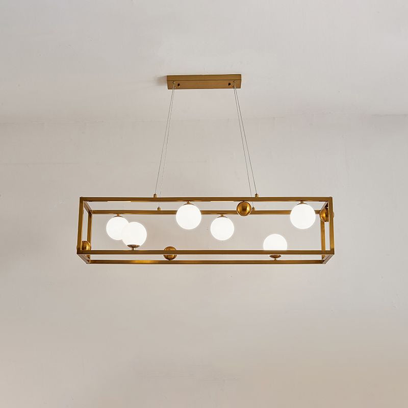 Rectangular Metal Ceiling Pendant Industrial Dining Room Hanging Light with Ball Milk Glass Shade 6 Gold Clearhalo 'Ceiling Lights' 'Island Lights' Lighting' 2460534