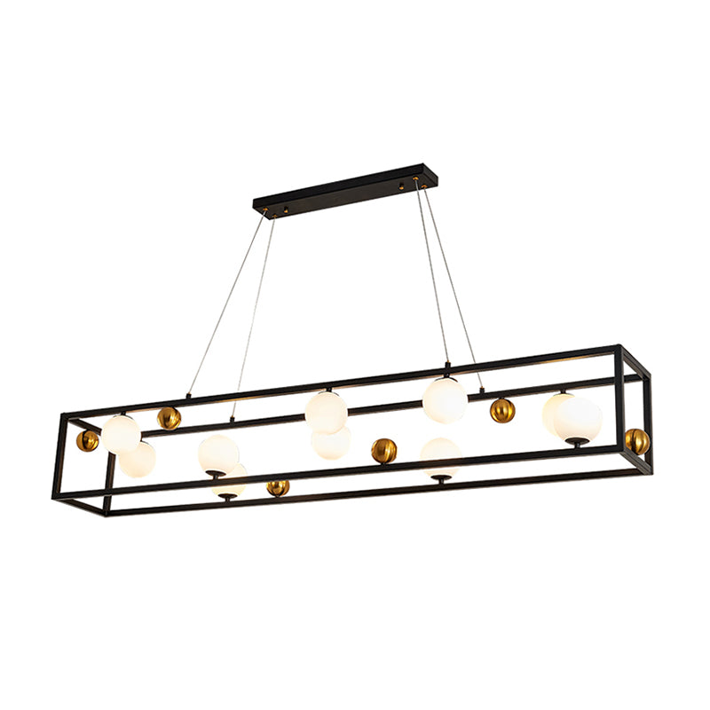 Rectangular Metal Ceiling Pendant Industrial Dining Room Hanging Light with Ball Milk Glass Shade Clearhalo 'Ceiling Lights' 'Island Lights' Lighting' 2460535