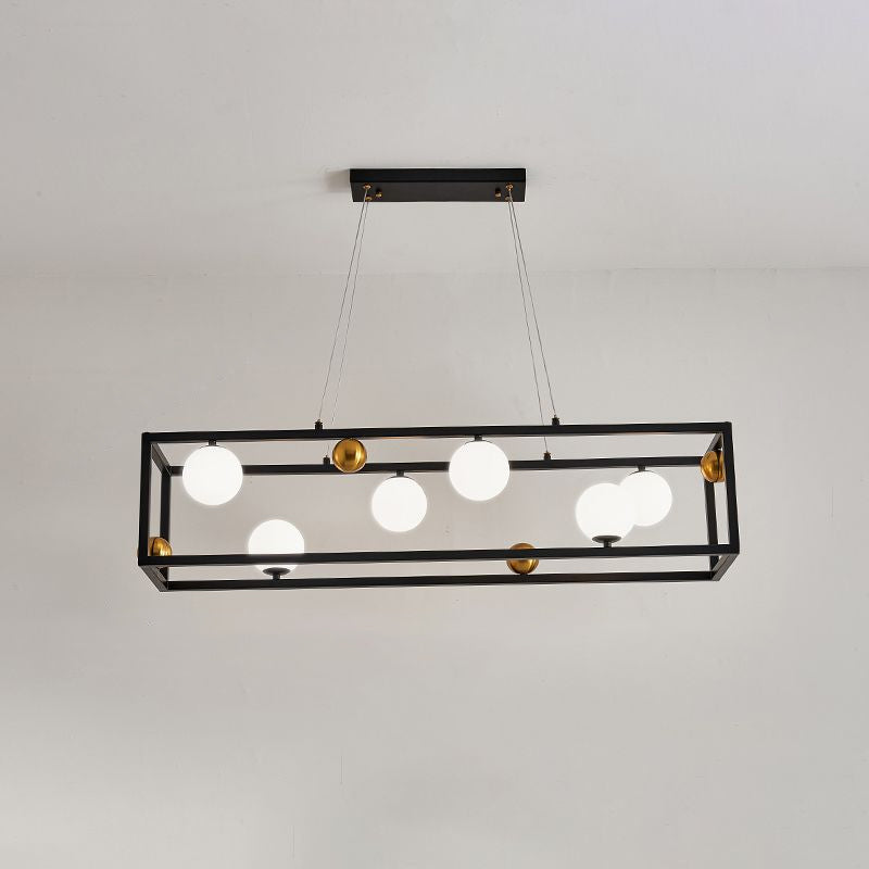 Rectangular Metal Ceiling Pendant Industrial Dining Room Hanging Light with Ball Milk Glass Shade 6 Black Clearhalo 'Ceiling Lights' 'Island Lights' Lighting' 2460536