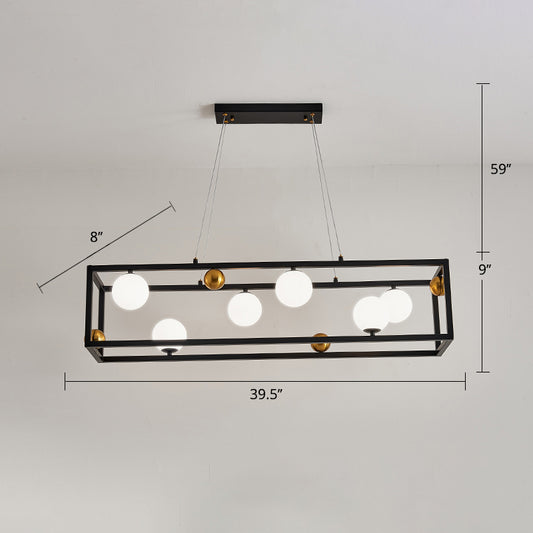 Rectangular Metal Ceiling Pendant Industrial Dining Room Hanging Light with Ball Milk Glass Shade Clearhalo 'Ceiling Lights' 'Island Lights' Lighting' 2460537