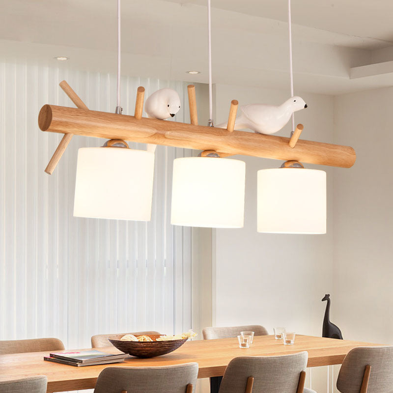 Opal Glass Cylinder Pendant Light Nordic Wood Island Light with Resin Bird Decor Clearhalo 'Ceiling Lights' 'Island Lights' Lighting' 2460556