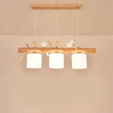 Opal Glass Cylinder Pendant Light Nordic Wood Island Light with Resin Bird Decor 3 Wood Clearhalo 'Ceiling Lights' 'Island Lights' Lighting' 2460561