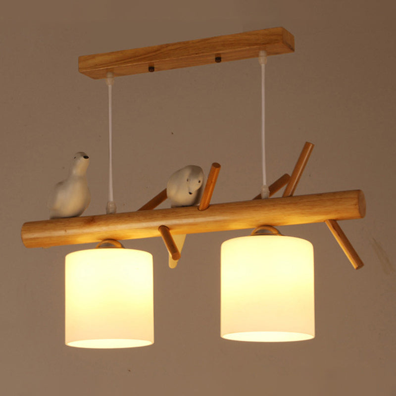 Opal Glass Cylinder Pendant Light Nordic Wood Island Light with Resin Bird Decor Clearhalo 'Ceiling Lights' 'Island Lights' Lighting' 2460562