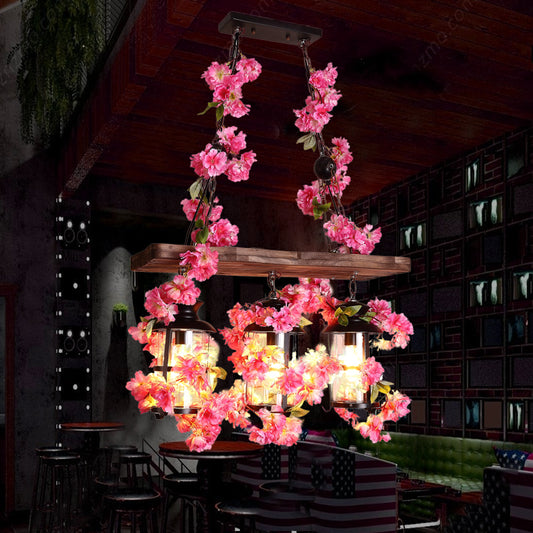 Clear Glass Cylindrical Ceiling Hanging Lantern Industrial 3 Heads Restaurant Island Light with Art Plant Deco Clearhalo 'Ceiling Lights' 'Island Lights' Lighting' 2460564