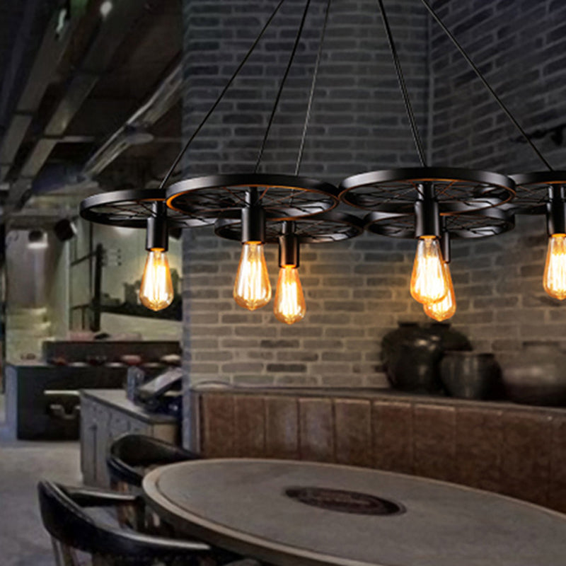 Metal Wagon Wheel Pendant Lamp Industrial Restaurant Hanging Light Fixture in Black Clearhalo 'Art Deco Pendants' 'Black' 'Cast Iron' 'Ceiling Lights' 'Ceramic' 'Crystal' 'Industrial Pendants' 'Industrial' 'Metal' 'Middle Century Pendants' 'Pendant Lights' 'Pendants' 'Rustic Pendants' 'Tiffany' Lighting' 2460631