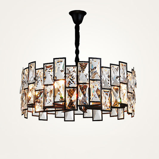 6-Light Living Room Chandelier Modern Black Pendant Light with Drum Crystal Shade Black Clearhalo 'Ceiling Lights' 'Chandeliers' 'Modern Chandeliers' 'Modern' Lighting' 2460761