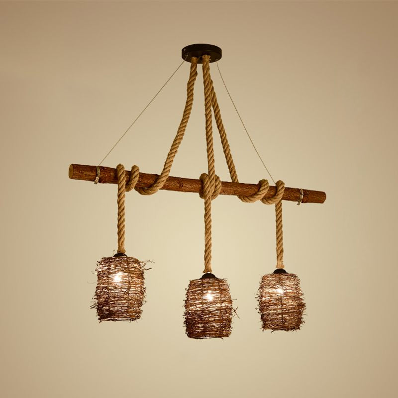 Rattan Woven Nest Island Pendant Rustic 3-Bulb Dining Room Hanging Light Fixture in Wood Wood Clearhalo 'Ceiling Lights' 'Island Lights' Lighting' 2460822