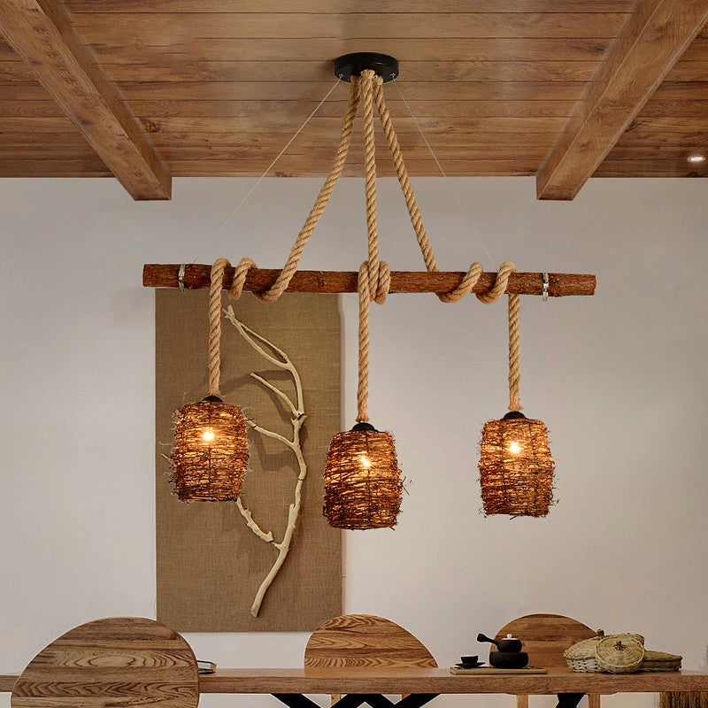 Rattan Woven Nest Island Pendant Rustic 3-Bulb Dining Room Hanging Light Fixture in Wood Clearhalo 'Ceiling Lights' 'Island Lights' Lighting' 2460823