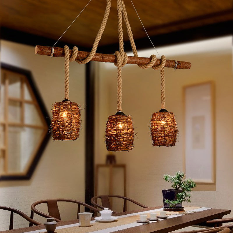 Rattan Woven Nest Island Pendant Rustic 3-Bulb Dining Room Hanging Light Fixture in Wood Clearhalo 'Ceiling Lights' 'Island Lights' Lighting' 2460824