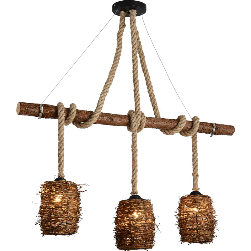 Rattan Woven Nest Island Pendant Rustic 3-Bulb Dining Room Hanging Light Fixture in Wood Clearhalo 'Ceiling Lights' 'Island Lights' Lighting' 2460826