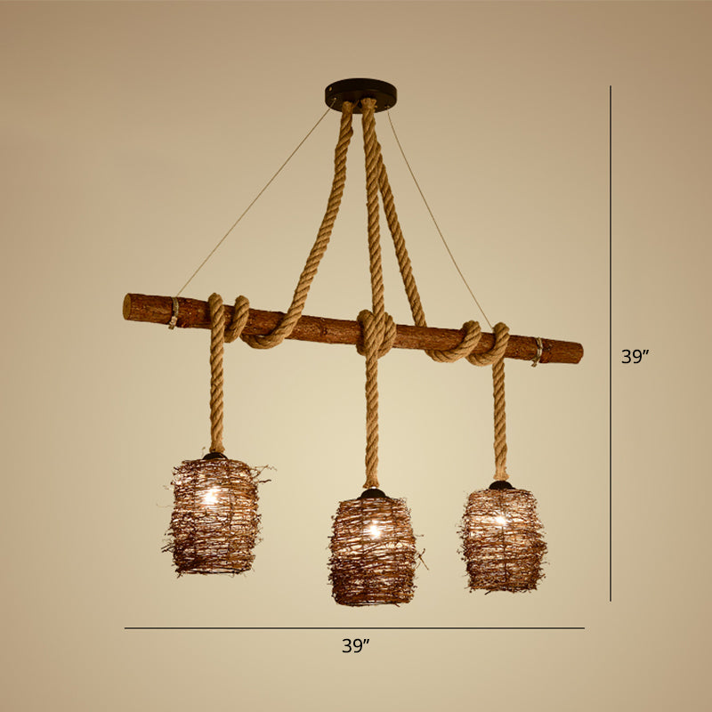 Rattan Woven Nest Island Pendant Rustic 3-Bulb Dining Room Hanging Light Fixture in Wood Clearhalo 'Ceiling Lights' 'Island Lights' Lighting' 2460827