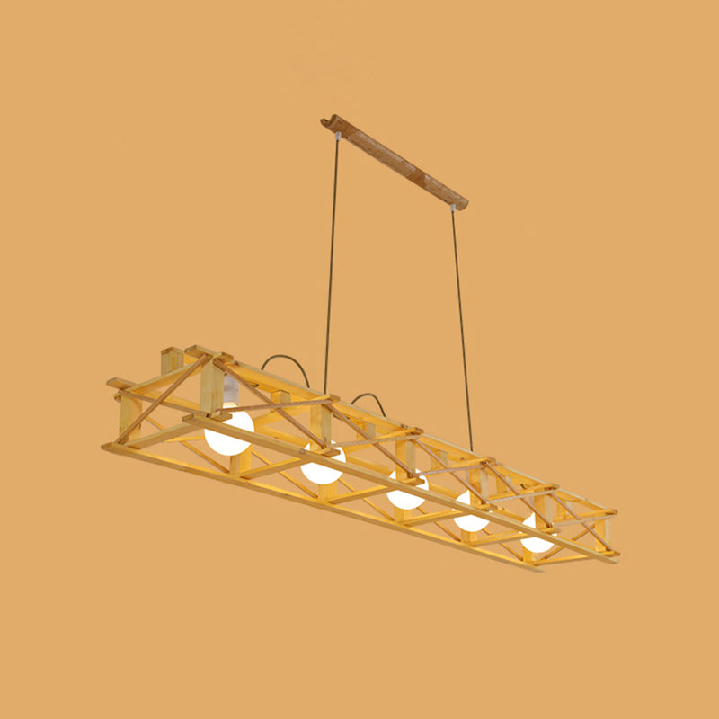 Rectangular Cage Island Lamp Contemporary Wooden Restaurant Hanging Light in Beige 5 Wood Clearhalo 'Ceiling Lights' 'Island Lights' Lighting' 2460829