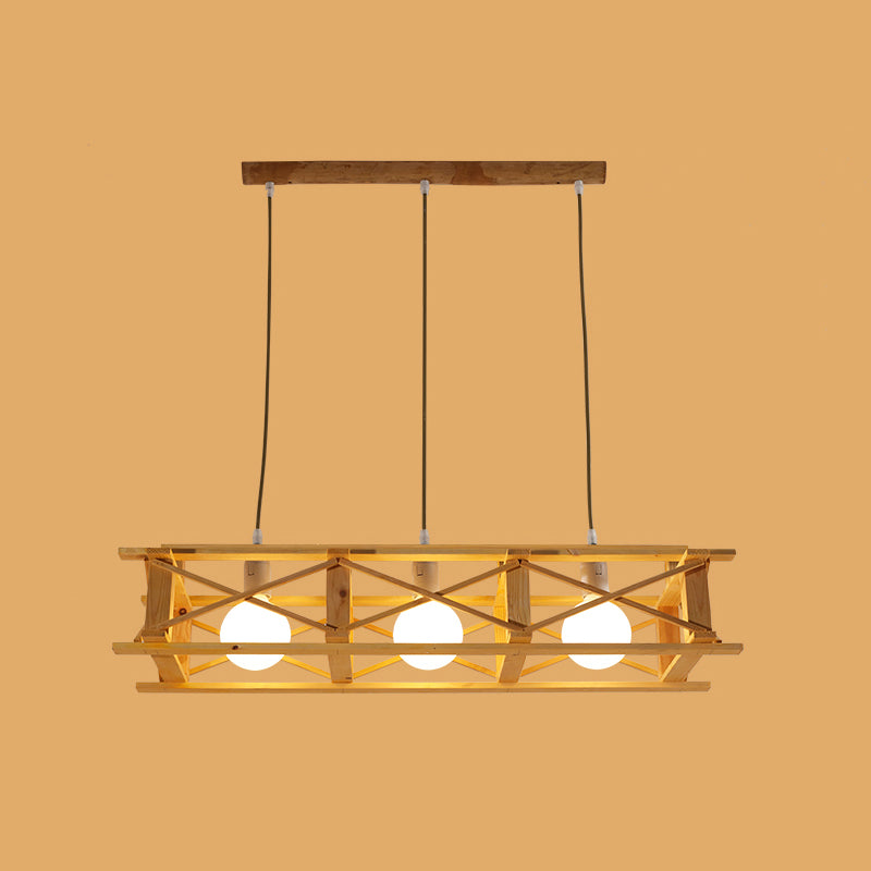 Rectangular Cage Island Lamp Contemporary Wooden Restaurant Hanging Light in Beige 3 Wood Clearhalo 'Ceiling Lights' 'Island Lights' Lighting' 2460830