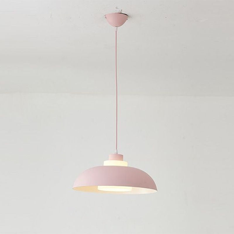 Aluminum Bowl Ceiling Hang Light Macaron Single-Bulb Pendant Lamp with Acrylic Shade Insert Pink 15.5" Clearhalo 'Ceiling Lights' 'Modern Pendants' 'Modern' 'Pendant Lights' 'Pendants' Lighting' 2460876