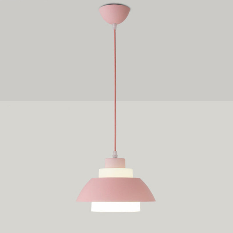 Aluminum Bowl Ceiling Hang Light Macaron Single-Bulb Pendant Lamp with Acrylic Shade Insert Pink 9" Clearhalo 'Ceiling Lights' 'Modern Pendants' 'Modern' 'Pendant Lights' 'Pendants' Lighting' 2460880