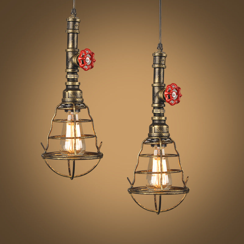 Single Bulb Shaped Cage Pendant Light Industrial Metal Suspension Light Fixture with Red Valve Deco Clearhalo 'Art Deco Pendants' 'Black' 'Cast Iron' 'Ceiling Lights' 'Ceramic' 'Crystal' 'Industrial Pendants' 'Industrial' 'Metal' 'Middle Century Pendants' 'Pendant Lights' 'Pendants' 'Rustic Pendants' 'Tiffany' Lighting' 2460903