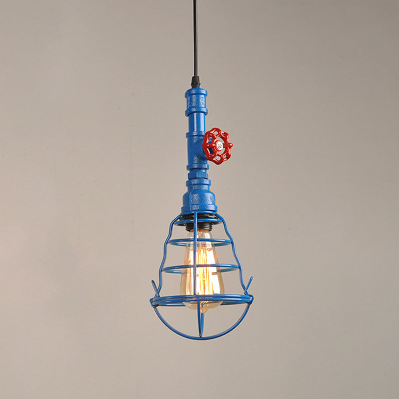 Single Bulb Shaped Cage Pendant Light Industrial Metal Suspension Light Fixture with Red Valve Deco Blue Clearhalo 'Art Deco Pendants' 'Black' 'Cast Iron' 'Ceiling Lights' 'Ceramic' 'Crystal' 'Industrial Pendants' 'Industrial' 'Metal' 'Middle Century Pendants' 'Pendant Lights' 'Pendants' 'Rustic Pendants' 'Tiffany' Lighting' 2460905