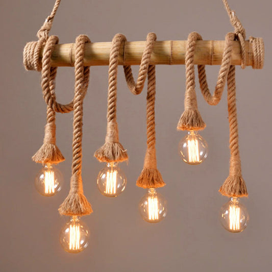 Suspension Lighting Rustic Bare Bulb Rope Pendant Light with Bamboo Pole in Wood 6 Wood Clearhalo 'Ceiling Lights' 'Island Lights' Lighting' 2460991