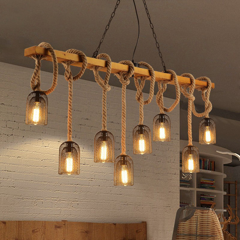 Countryside Mesh Hanging Pendant Lamp Metal Island Lighting with Rope Cord in Wood Clearhalo 'Ceiling Lights' 'Island Lights' Lighting' 2460997