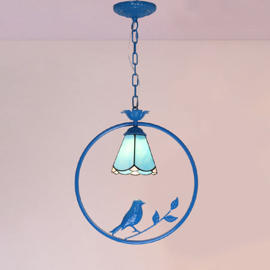 Blue Ring Pendulum Light Vintage 1 Head Tiffany Glass Pendant Ceiling Lamp for Bedroom Blue Geometric Clearhalo 'Art Deco Pendants' 'Cast Iron' 'Ceiling Lights' 'Ceramic' 'Close To Ceiling Lights' 'Crystal' 'Industrial' 'Metal' 'Middle Century Pendants' 'Pendant Lights' 'Pendants' 'Tiffany close to ceiling' 'Tiffany Pendants' 'Tiffany' Lighting' 2461145