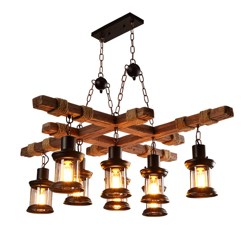 8 Lights Chandelier Nautical Pub Suspension Lighting with Lantern Clear Glass Shade in Wood Wood Clearhalo 'Carpenter Chandeliers' 'Ceiling Lights' 'Chandeliers' 'Industrial Chandeliers' 'Industrial' 'Middle Century Chandeliers' 'Modern' 'Tiffany' Lighting' 2461208