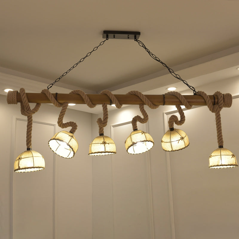 6 Lights Fabric Island Light Farmhouse Wood Bowl Shade Restaurant Pendant Lighting Wood Clearhalo 'Ceiling Lights' 'Island Lights' Lighting' 2461424