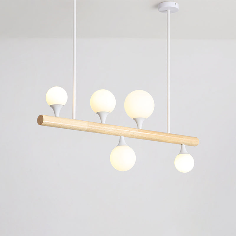 Wood Linear Hanging Island Light Minimalism Opal Ball Glass Drop Pendant for Restaurant 5 Wood Clearhalo 'Ceiling Lights' 'Island Lights' Lighting' 2461430