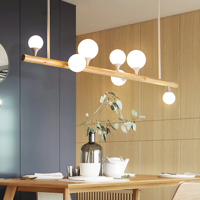 Wood Linear Hanging Island Light Minimalism Opal Ball Glass Drop Pendant for Restaurant Clearhalo 'Ceiling Lights' 'Island Lights' Lighting' 2461432