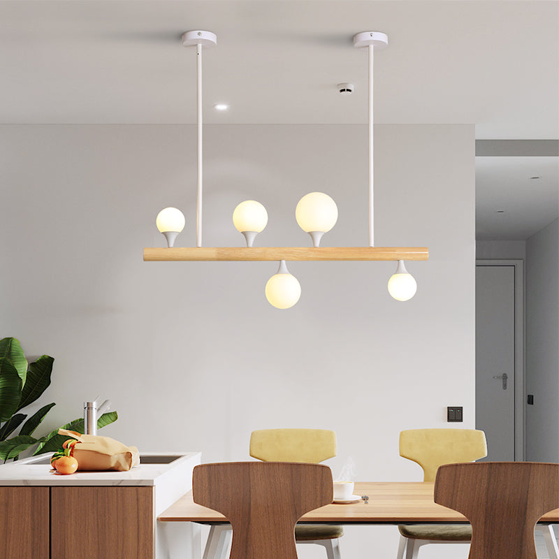 Wood Linear Hanging Island Light Minimalism Opal Ball Glass Drop Pendant for Restaurant Clearhalo 'Ceiling Lights' 'Island Lights' Lighting' 2461434