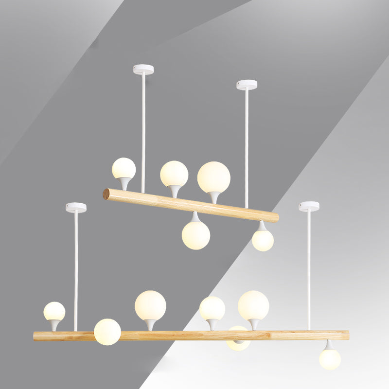 Wood Linear Hanging Island Light Minimalism Opal Ball Glass Drop Pendant for Restaurant Clearhalo 'Ceiling Lights' 'Island Lights' Lighting' 2461435