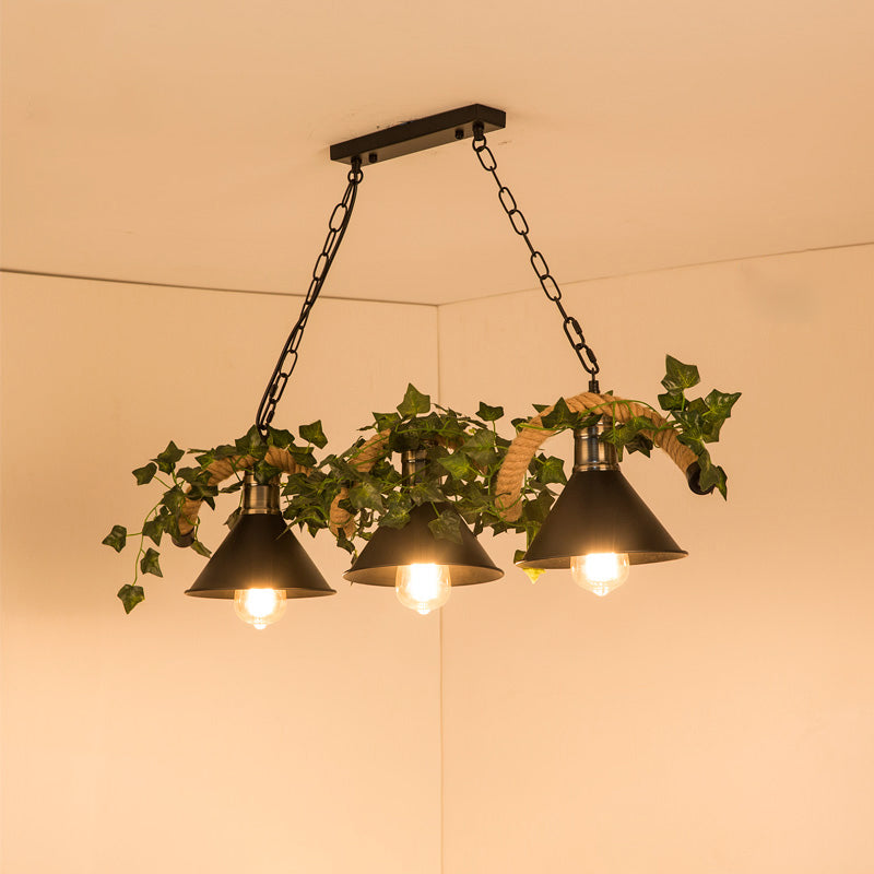 Farmhouse Shaded Pendant Lamp Metallic Hanging Island Light with Faux Plant in Green 3 Green Cone Clearhalo 'Ceiling Lights' 'Island Lights' Lighting' 2461440